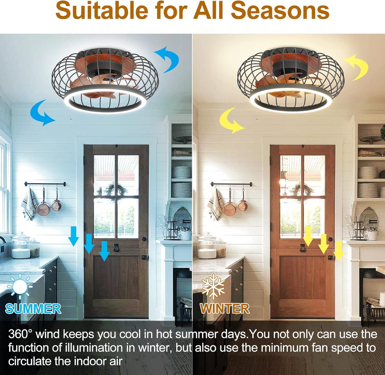 Cage Ceiling Fan with Lights Remote Control, 17”Small Industrial Bladeless Fan Light with 3 Speed, Smart 18W LED Dimmable Lighting Indoor Low Profile Ceiling Fan Flush Mount, 3 Color Changeable