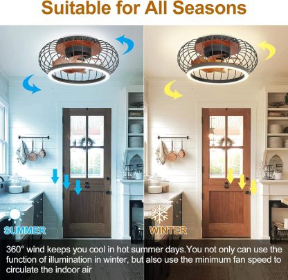 Cage Ceiling Fan with Lights Remote Control, 17”Small Industrial Bladeless Fan Light with 3 Speed, Smart 18W LED Dimmable Lighting Indoor Low Profile Ceiling Fan Flush Mount, 3 Color Changeable
