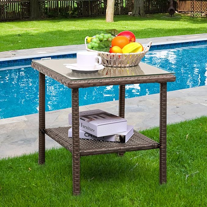 Outdoor Wicker Glass Top Side Table - Garden Metal Square Tea Table with Storage
