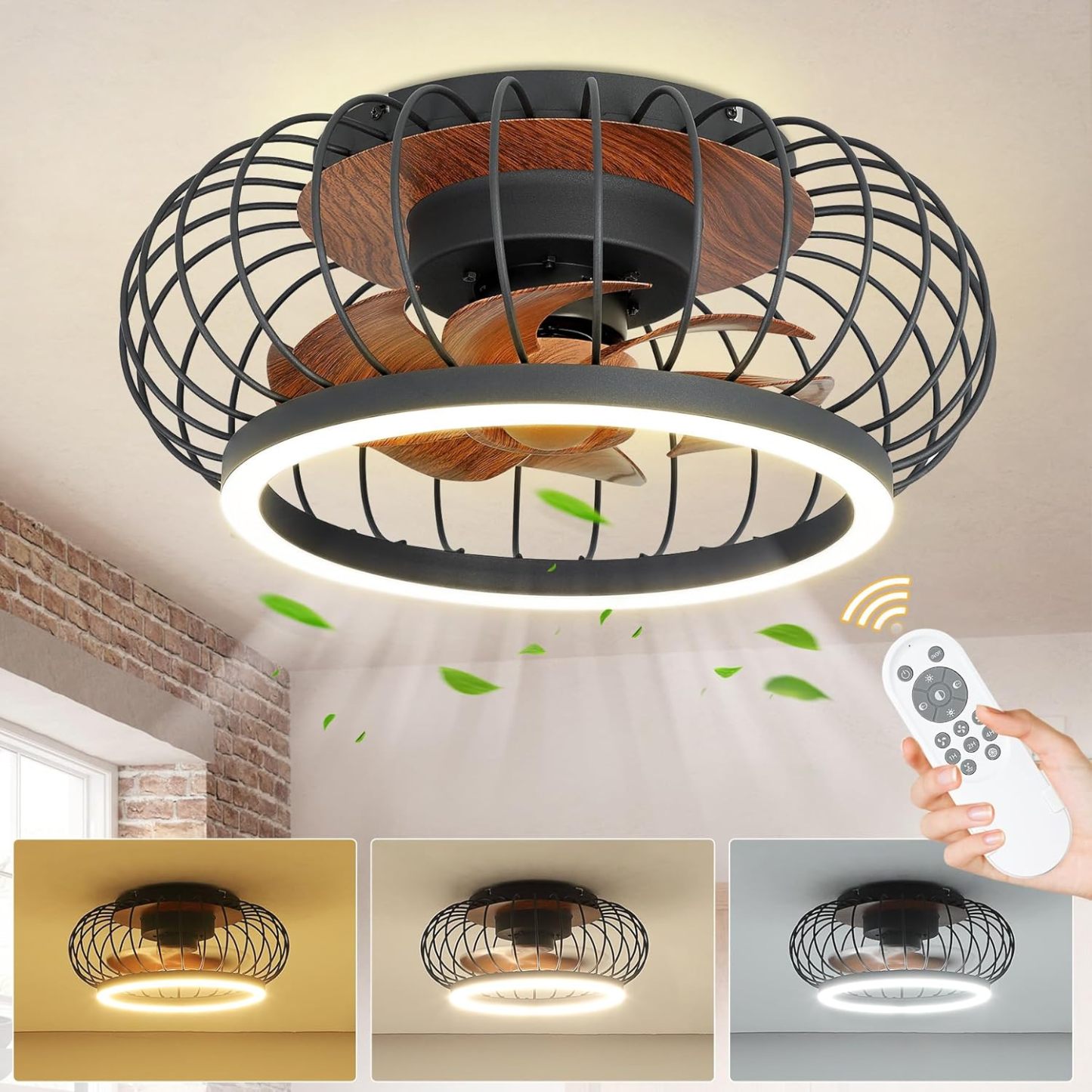 Cage Ceiling Fan with Lights Remote Control, 17”Small Industrial Bladeless Fan Light with 3 Speed, Smart 18W LED Dimmable Lighting Indoor Low Profile Ceiling Fan Flush Mount, 3 Color Changeable