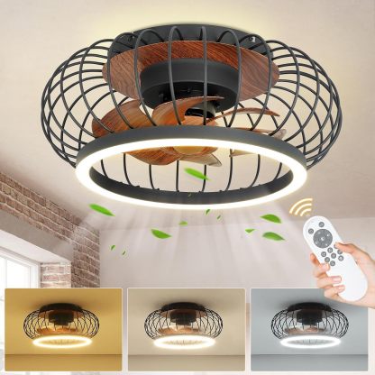 Cage Ceiling Fan with Lights Remote Control, 17”Small Industrial Bladeless Fan Light with 3 Speed, Smart 18W LED Dimmable Lighting Indoor Low Profile Ceiling Fan Flush Mount, 3 Color Changeable