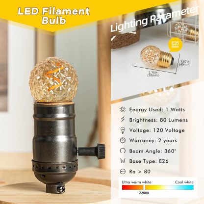 E26 Low Watt LED Amber Light Bulbs 10Watt, 1W Mini Globe Edison Small Light Bulbs,2200K Warm White Decorative Nightlight Bulbs for Indoor or Outdoor,Glass,80Lumens,2Pcs