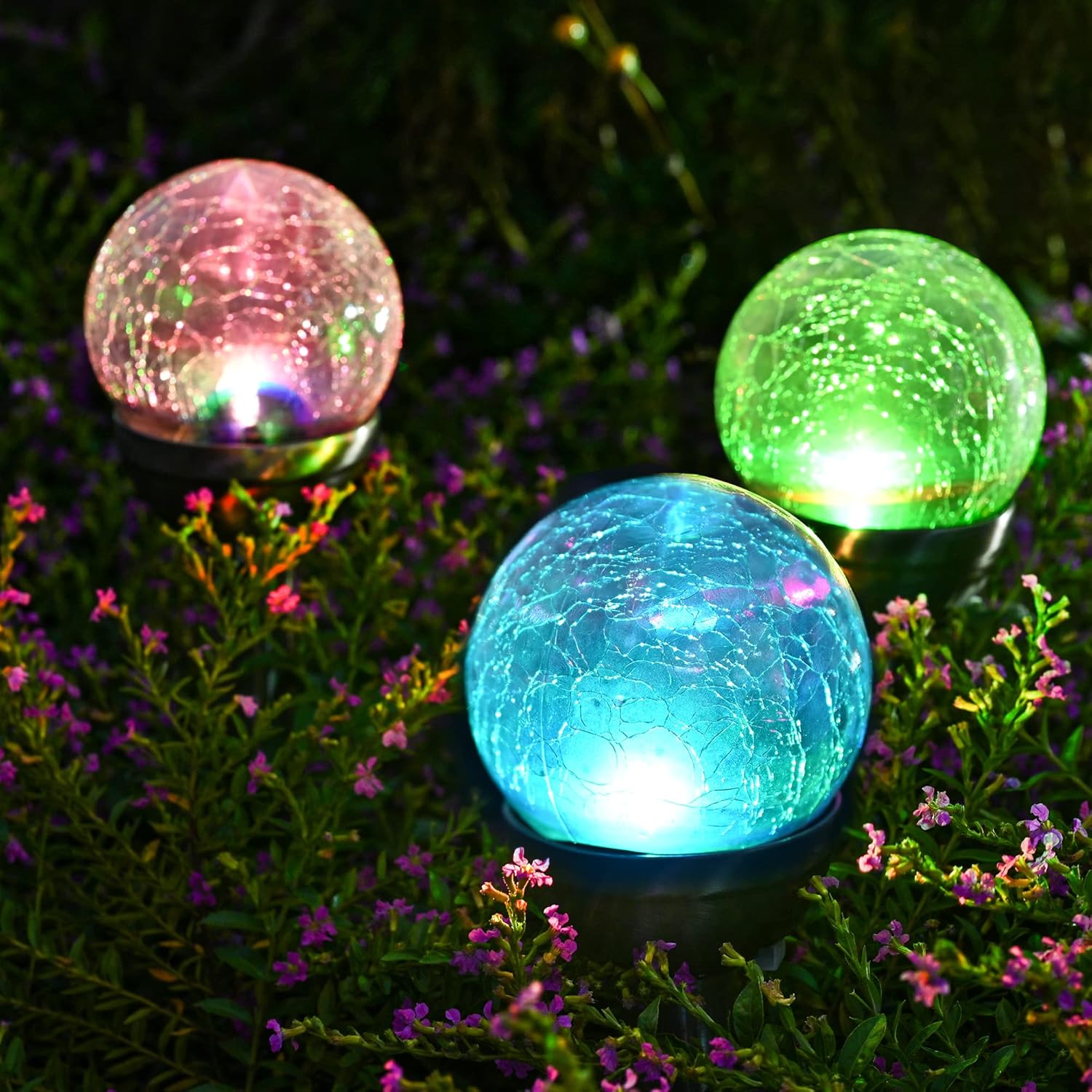 Solar Lights Outdoor, 3 Pack Solar Christmas Decoration Cracked Glass Ball Solar Garden Lights, Color Changing Lights Outdoor