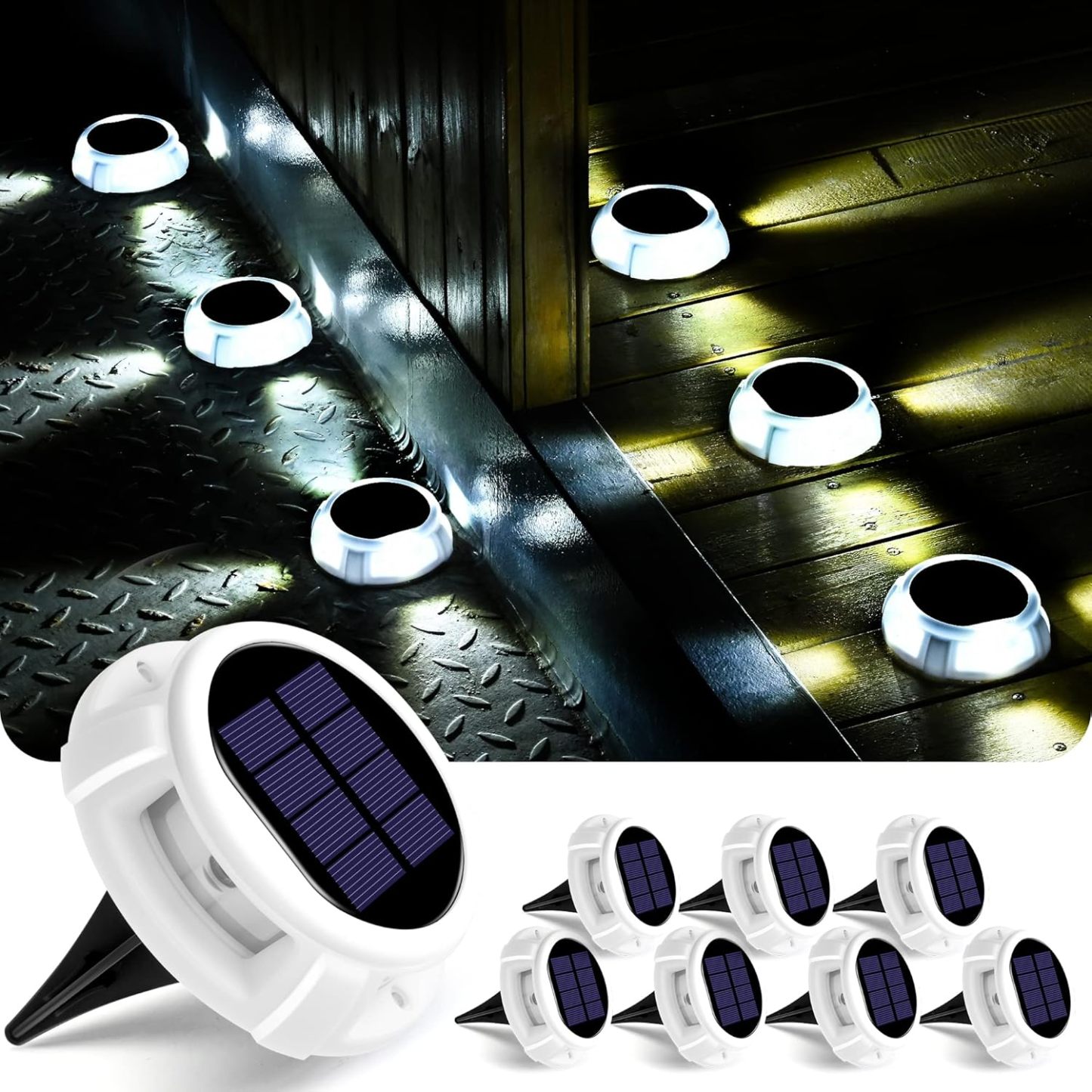 Solar Deck Lights Outdoor 8 Pack, Solar Driveway Lights, Dock Lights Solar Powered Waterproof LED Lights for Steps, Garden, Ground, Stair, Patio, Pathway, Landscape(Cold White)