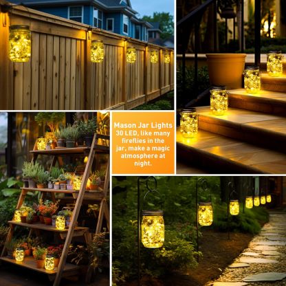 Solar Mason Jar Lights, 12 Pack 30 Led String Fairy Lights Garden Lights Outdoor Waterproof Metal Lid Hanging Solar Lanterns for Outdoor, Garden, Patio, Lawn, Balcony Decoration