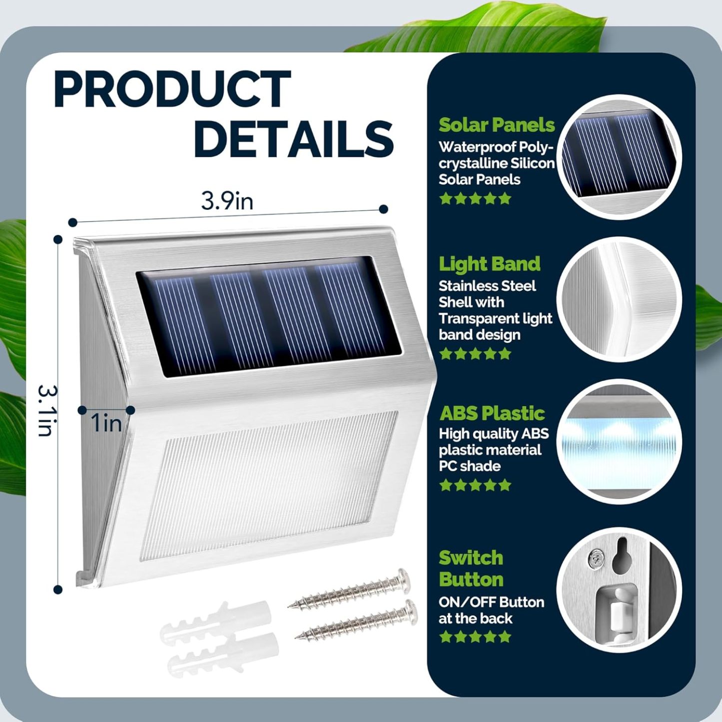 12 Pack Solar Fence Lights Outdoor, Solar Deck Lights Outdoor Waterproof, LED Step Lighting Stainless Steel Waterproof Solar Powered Lights for Step、Stairs、Pathway、Walkway、Garden(Cold White)