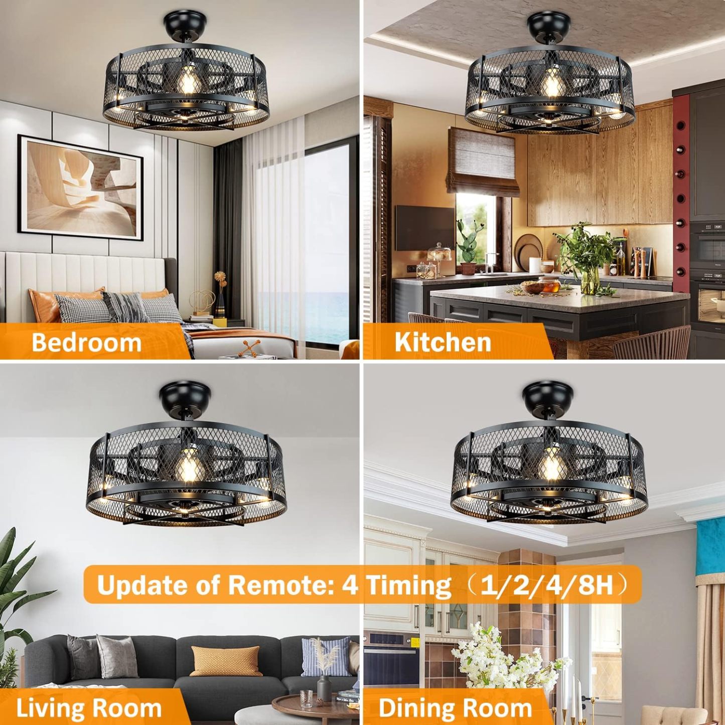 20 Inch Caged Ceiling Fan with Light, Farmhouse Ceiling Fan Lights with Remote, Industrial Ceiling Fans for Living Room, Bedroom, Kitchen, 6 Speeds Wind, Timer, 4xE26 Bulb Base, Black (No Bulb)