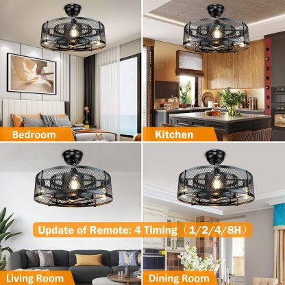 20 Inch Caged Ceiling Fan with Light, Farmhouse Ceiling Fan Lights with Remote, Industrial Ceiling Fans for Living Room, Bedroom, Kitchen, 6 Speeds Wind, Timer, 4xE26 Bulb Base, Black (No Bulb)