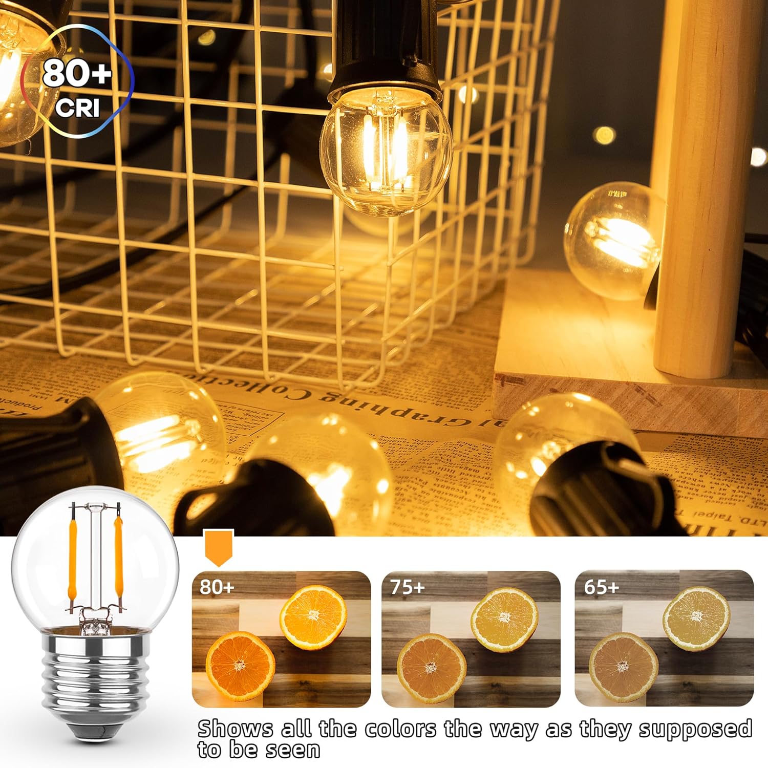 E26 Low Light Bulbs,1Watt G40 Edsion Small LED Light Bulbs Equal to 10w Incandescent,2700k Warm White for Bedside Lights, Wall Lights, Porch Lights, Courtyard Light Strings,230V,2Pcs