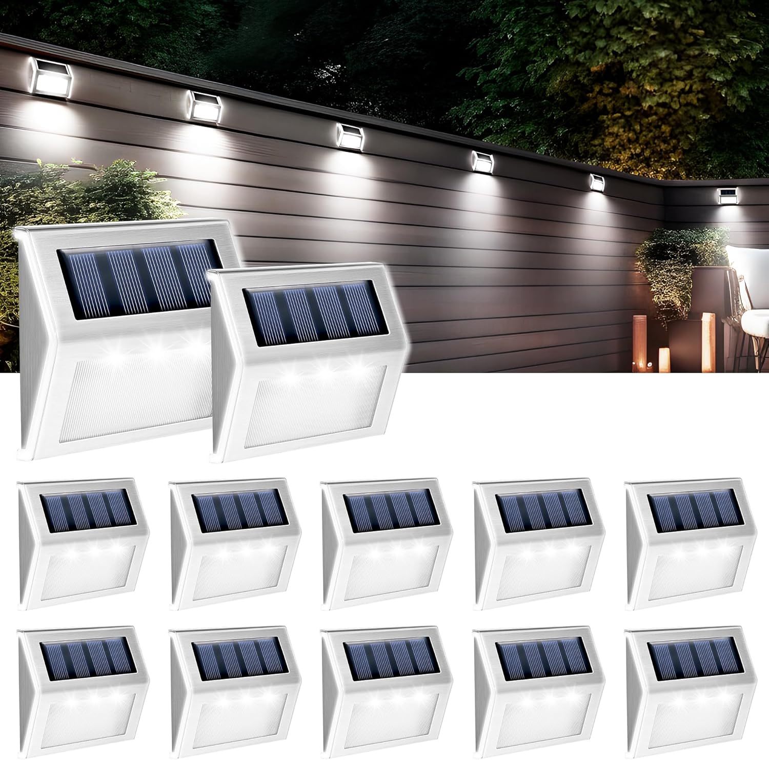 12 Pack Solar Fence Lights Outdoor, Solar Deck Lights Outdoor Waterproof, LED Step Lighting Stainless Steel Waterproof Solar Powered Lights for Step、Stairs、Pathway、Walkway、Garden(Cold White)