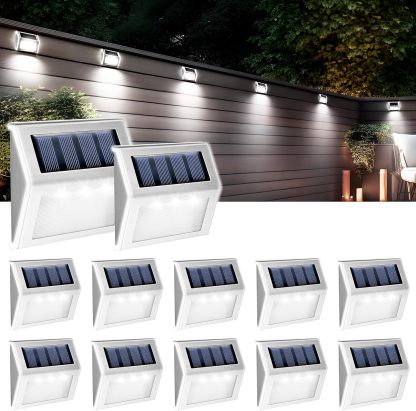 12 Pack Solar Fence Lights Outdoor, Solar Deck Lights Outdoor Waterproof, LED Step Lighting Stainless Steel Waterproof Solar Powered Lights for Step、Stairs、Pathway、Walkway、Garden(Cold White)