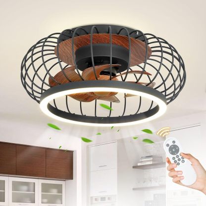 Cage Ceiling Fan with Lights Remote Control, 17”Small Industrial Bladeless Fan Light with 3 Speed, Smart 18W LED Dimmable Lighting Indoor Low Profile Ceiling Fan Flush Mount, 3 Color Changeable