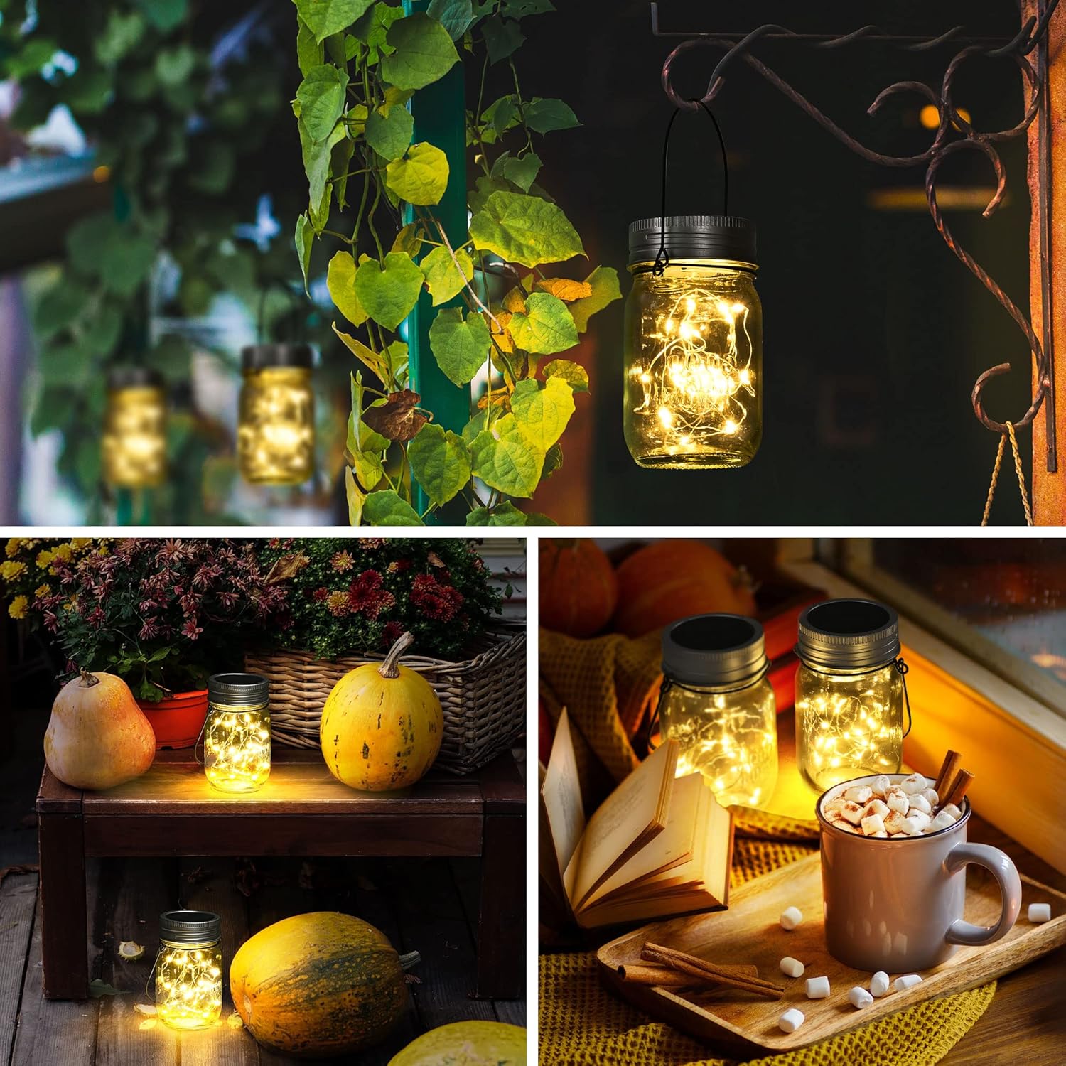 Hanging Solar Mason Jar Lights, 6 Pack 30 Led String Fairy Lights Hanging Solar Lanterns Outdoor Waterproof, Hangers and Jars Included, Outdoor Decor for Christmas, Wedding, Garden, Patio