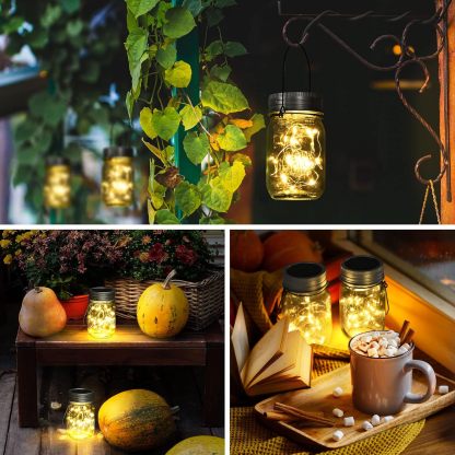 Hanging Solar Mason Jar Lights, 6 Pack 30 Led String Fairy Lights Hanging Solar Lanterns Outdoor Waterproof, Hangers and Jars Included, Outdoor Decor for Christmas, Wedding, Garden, Patio