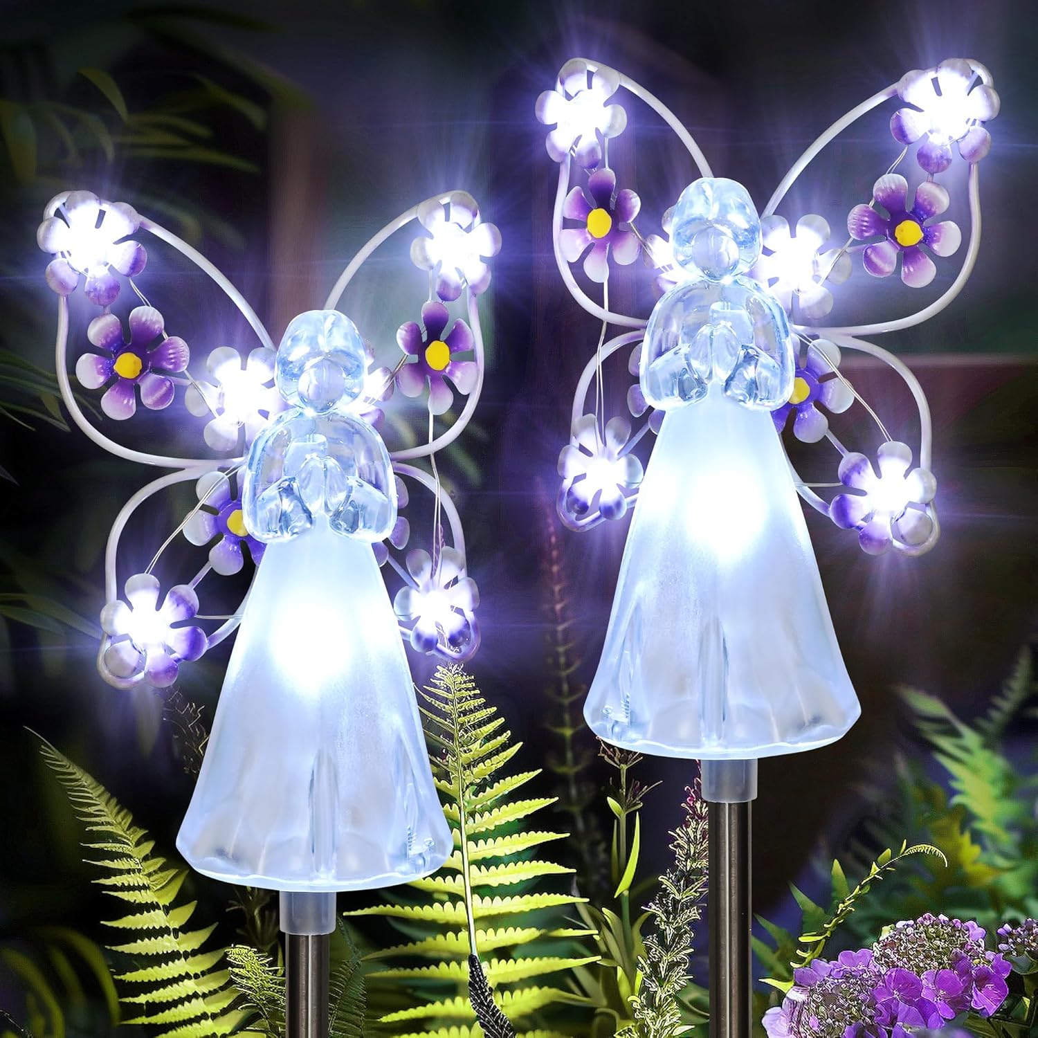 Solar Angel Garden Stake Lights - 2 Pack Angel Solar Lights Outdoor Garden, Eternal Light Angel with 7 LEDs for Cemetery Grave Decorations, Memorial Gift, Christmas Yard Art, Sympathy Gifts