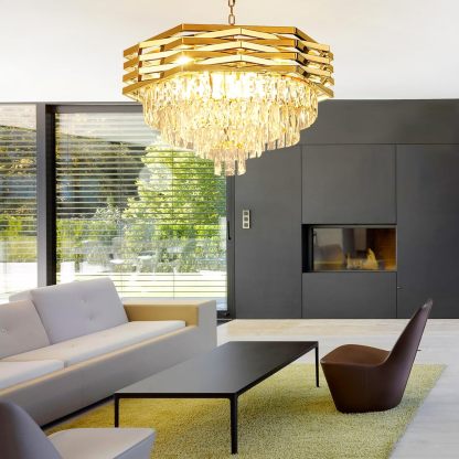 24'' Modern Crystal Chandelier, 9 Light Gold Crystal Pendant Light Fixtures, 4-Tier Adjustable Hanging Ceiling Light for Bedroom, Living Room, Dining Room, 3000k E12 Bulbs Included