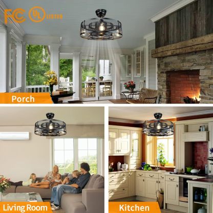 20 Inch Caged Ceiling Fan with Light, Farmhouse Ceiling Fan Lights with Remote, Industrial Ceiling Fans for Living Room, Bedroom, Kitchen, 6 Speeds Wind, Timer, 4xE26 Bulb Base, Black (No Bulb)