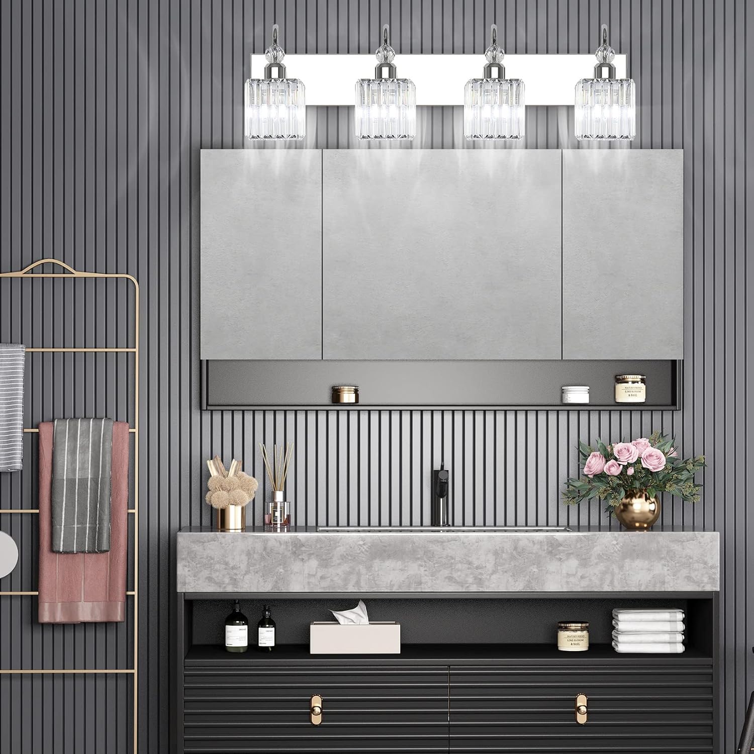 Chrome Crystal Vanity Light for Bathroom 4-Lights 31.5'' Modern Bathroom Wall Lighting Modern Chrome Bathroom Vanity Lighting Over Mirror