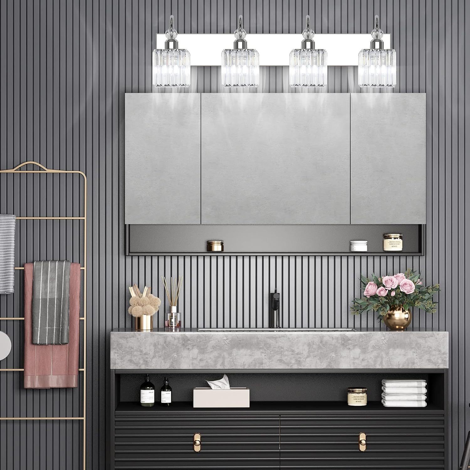 Chrome Crystal Vanity Light for Bathroom 4-Lights 31.5'' Modern Bathroom Wall Lighting Modern Chrome Bathroom Vanity Lighting Over Mirror