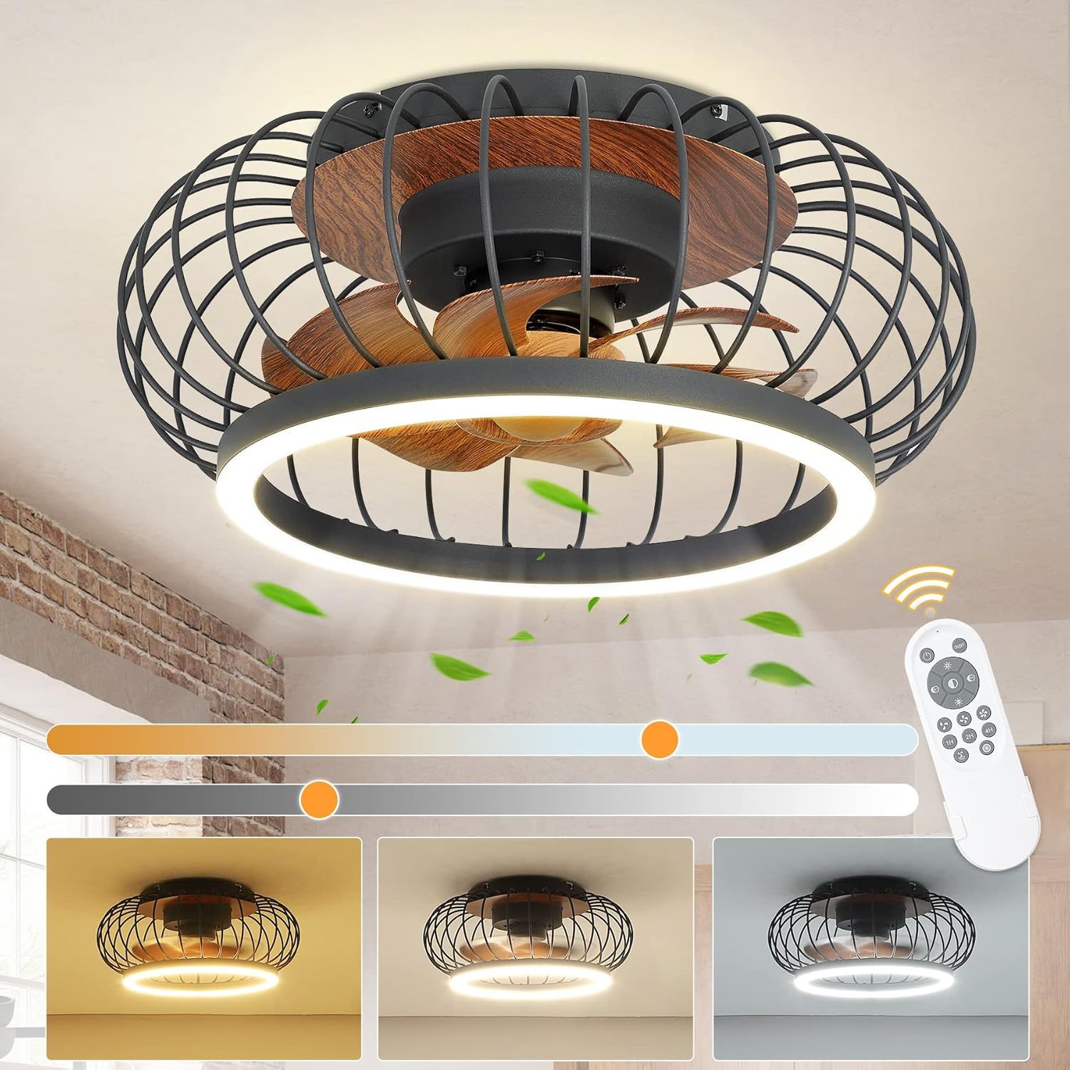 Cage Ceiling Fan with Lights Remote Control, 17”Small Industrial Bladeless Fan Light with 3 Speed, Smart 18W LED Dimmable Lighting Indoor Low Profile Ceiling Fan Flush Mount, 3 Color Changeable