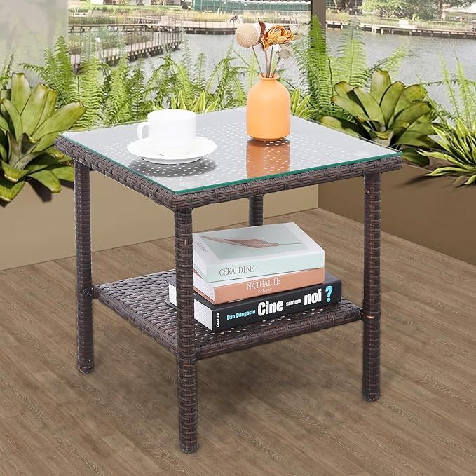 Outdoor Wicker Glass Top Side Table - Garden Metal Square Tea Table with Storage