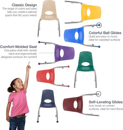 School Stack Chair, Stacking Student Seat with Chromed Steel Legs and Ball Glides