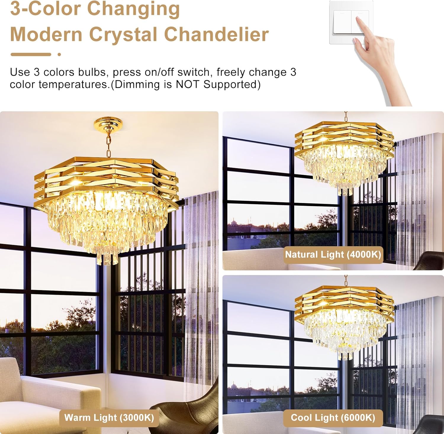 24'' Modern Crystal Chandelier, 9 Light Gold Crystal Pendant Light Fixtures, 4-Tier Adjustable Hanging Ceiling Light for Bedroom, Living Room, Dining Room, 3000k E12 Bulbs Included