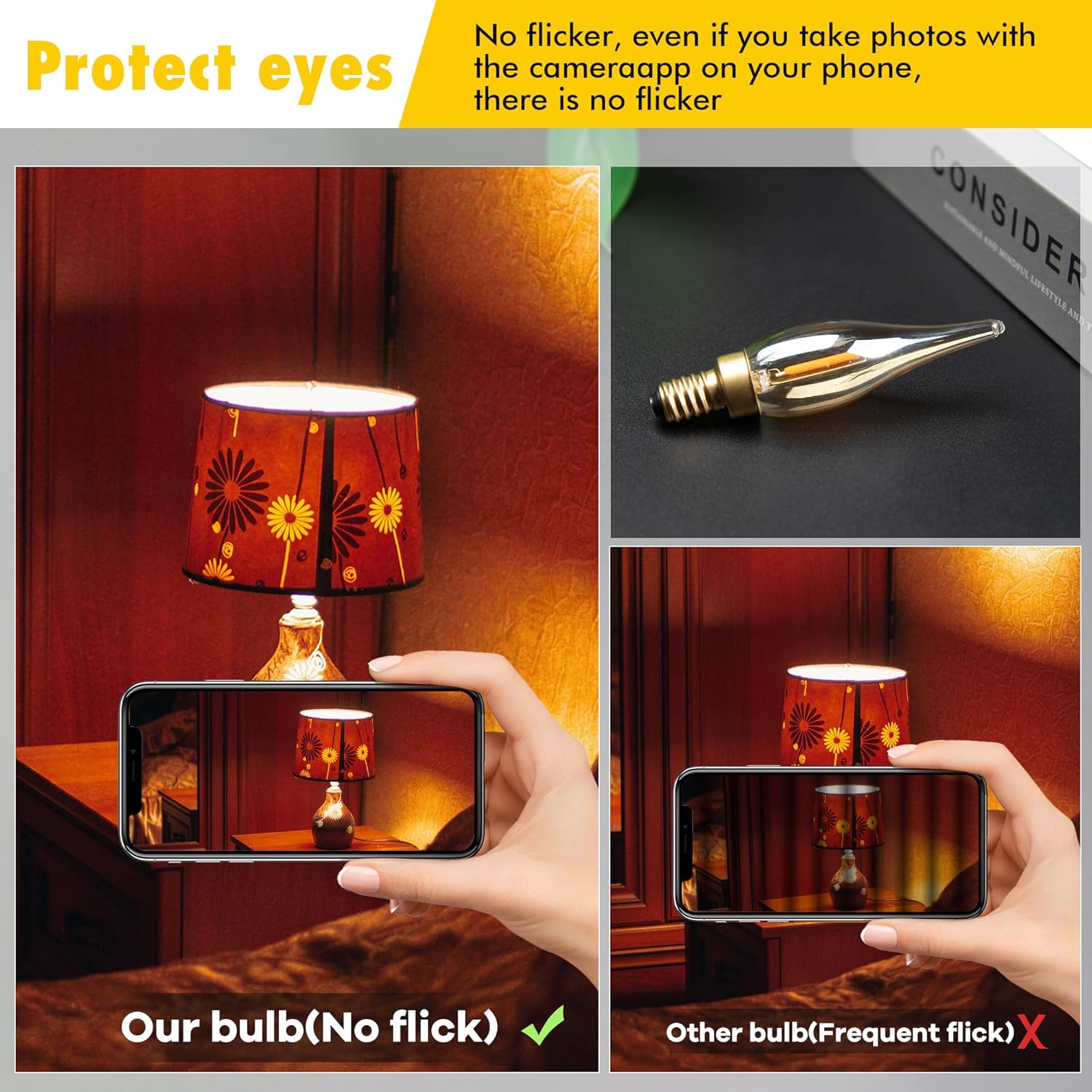 E12 Candelabra LED Night Lights,0.7W Amber Low Watt Candle Decorative Light Bulbs Equal to 7Watt Incandescent,50Lumen 2200K Ultra Warm White Chandelier for Decor Lighting,CRI>90+,Glass,6Pcs