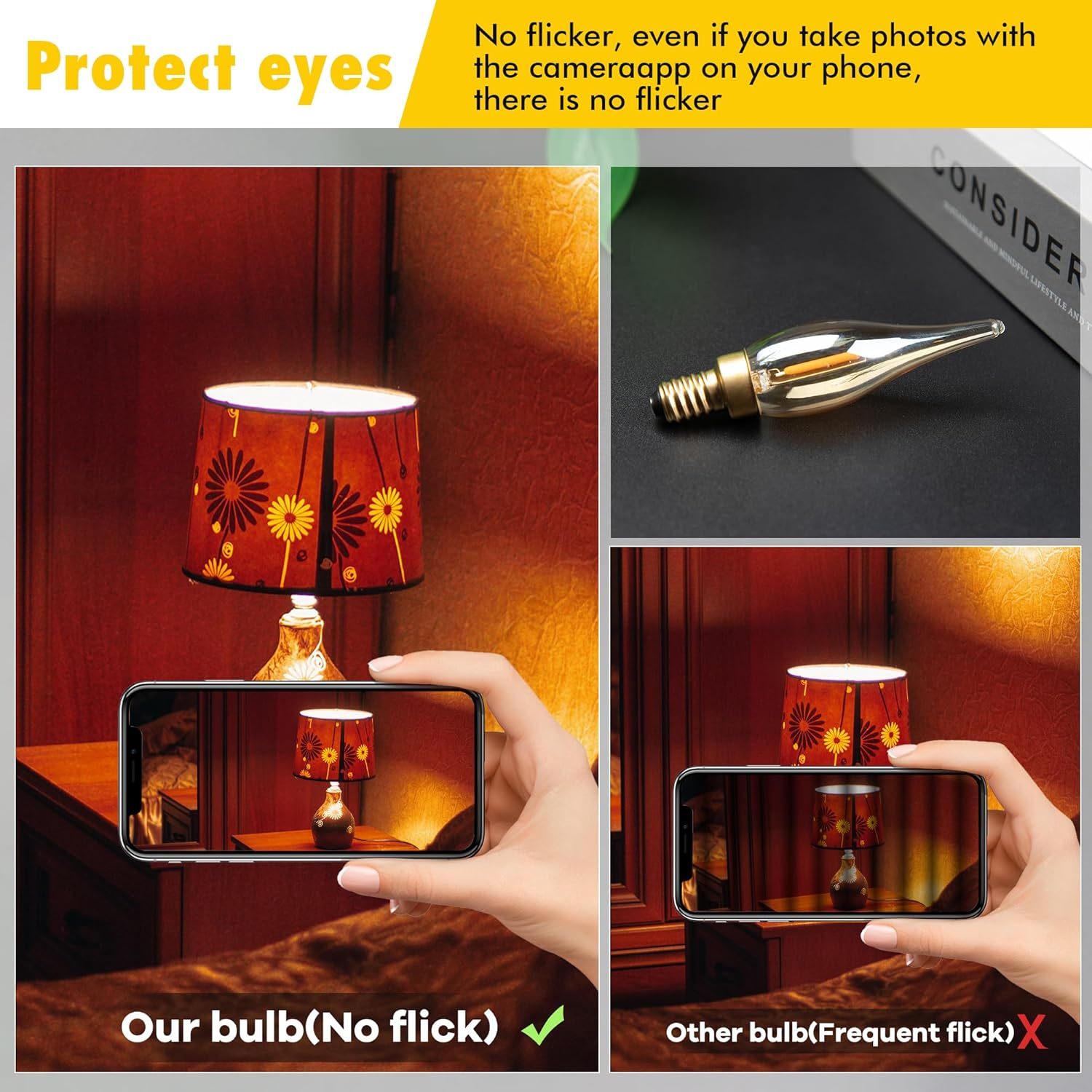 E12 Candelabra LED Night Lights,0.7W Amber Low Watt Candle Decorative Light Bulbs Equal to 7Watt Incandescent,50Lumen 2200K Ultra Warm White Chandelier for Decor Lighting,CRI>90+,Glass,6Pcs