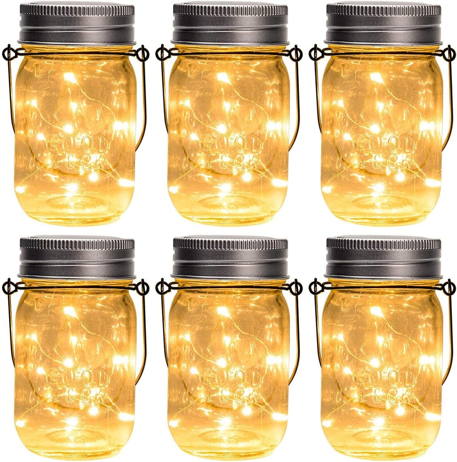 Hanging Solar Mason Jar Lights, 6 Pack 30 Led String Fairy Lights Hanging Solar Lanterns Outdoor Waterproof, Hangers and Jars Included, Outdoor Decor for Christmas, Wedding, Garden, Patio