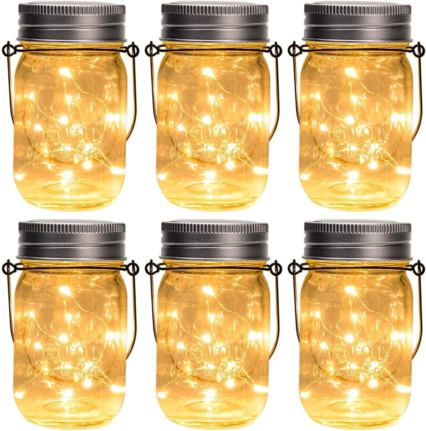 Hanging Solar Mason Jar Lights, 6 Pack 30 Led String Fairy Lights Hanging Solar Lanterns Outdoor Waterproof, Hangers and Jars Included, Outdoor Decor for Christmas, Wedding, Garden, Patio