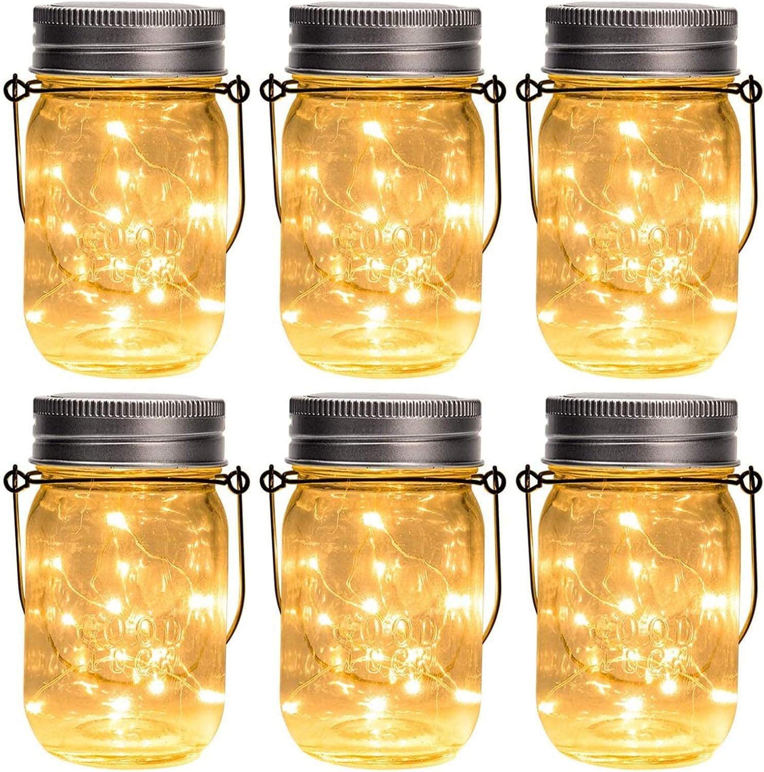 Hanging Solar Mason Jar Lights, 6 Pack 30 Led String Fairy Lights Hanging Solar Lanterns Outdoor Waterproof, Hangers and Jars Included, Outdoor Decor for Christmas, Wedding, Garden, Patio