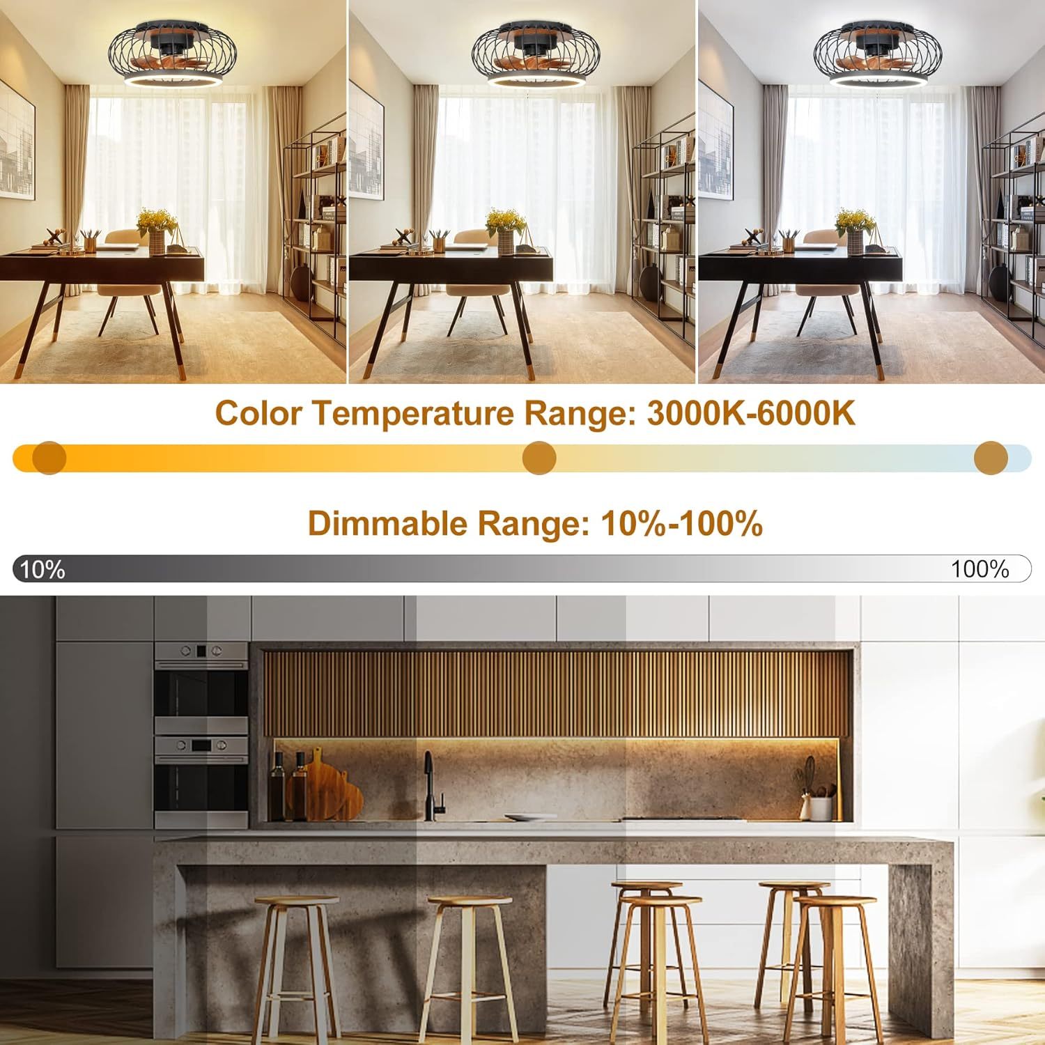 Cage Ceiling Fan with Lights Remote Control, 17”Small Industrial Bladeless Fan Light with 3 Speed, Smart 18W LED Dimmable Lighting Indoor Low Profile Ceiling Fan Flush Mount, 3 Color Changeable