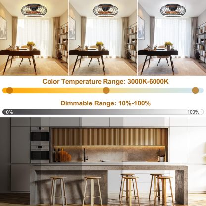 Cage Ceiling Fan with Lights Remote Control, 17”Small Industrial Bladeless Fan Light with 3 Speed, Smart 18W LED Dimmable Lighting Indoor Low Profile Ceiling Fan Flush Mount, 3 Color Changeable