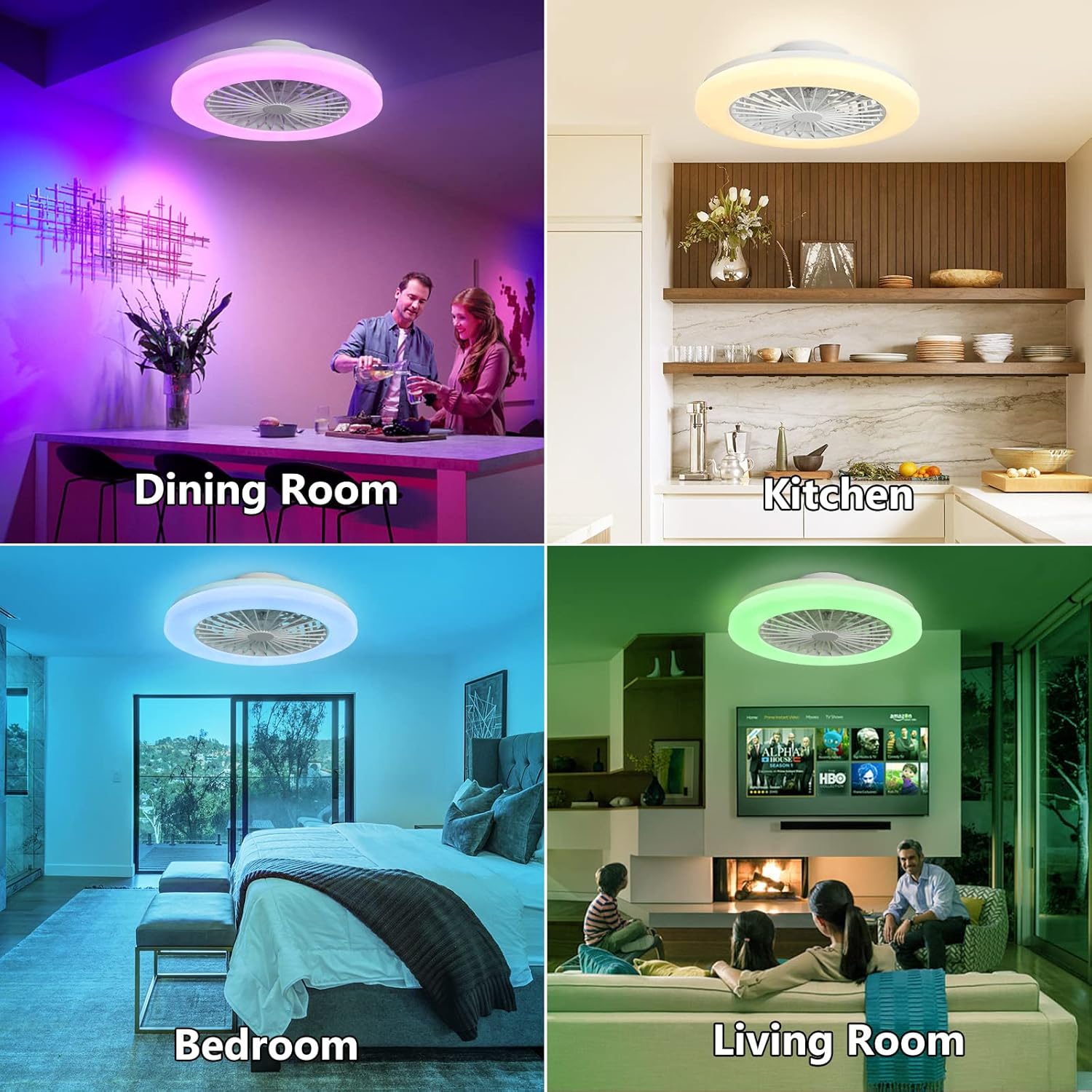 Low Profile Ceiling Fan with Light Smart Bladeless Ceiling Fans with RGB Lights Changing LED 3 Wind Speeds Festival Ambient 22 Inch Flush Mount Fan Light