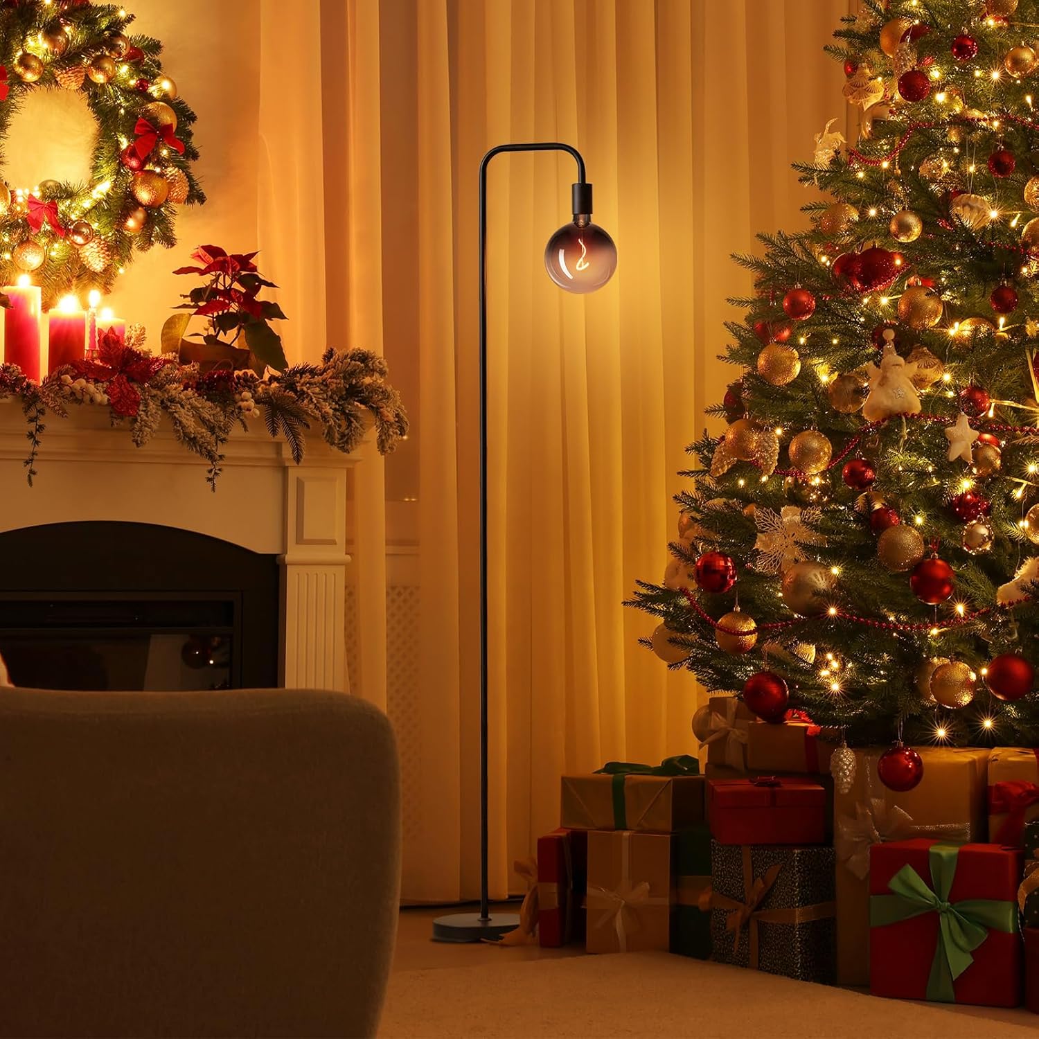 Floor Lamp for Living Room - Minimalist Industrial Standing Lamp with Modern LED Bulb, Globe Black Clear Glass 6", 1800K Warm Ambiant Lighting Decorative Tall Floor Lamp for Bedroom Office