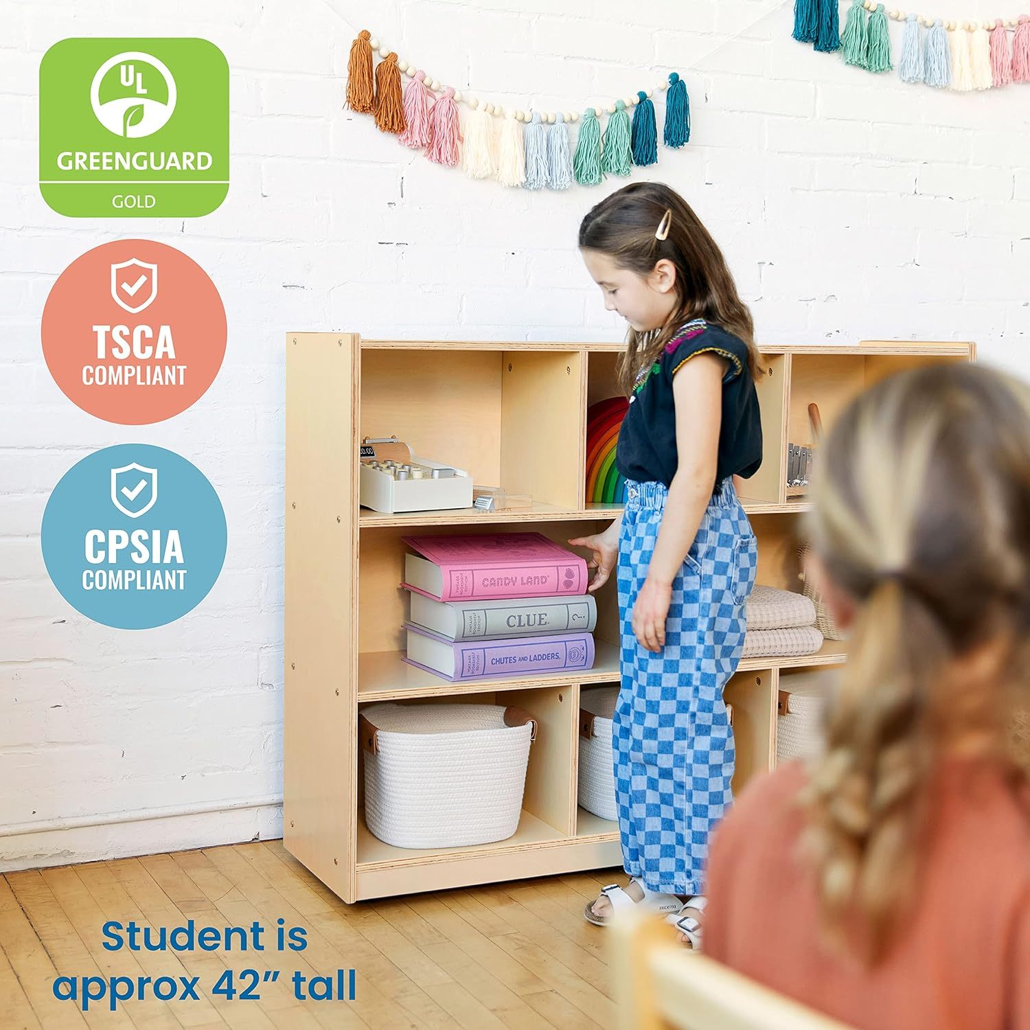8-Compartment Mobile Storage Cabinet, 36in, Classroom Furniture, Natural