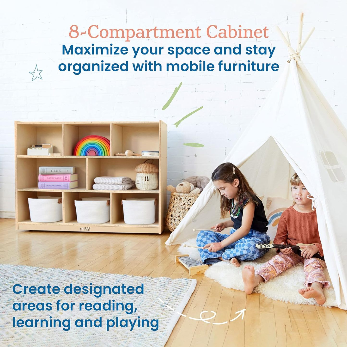 8-Compartment Mobile Storage Cabinet, 36in, Classroom Furniture, Natural