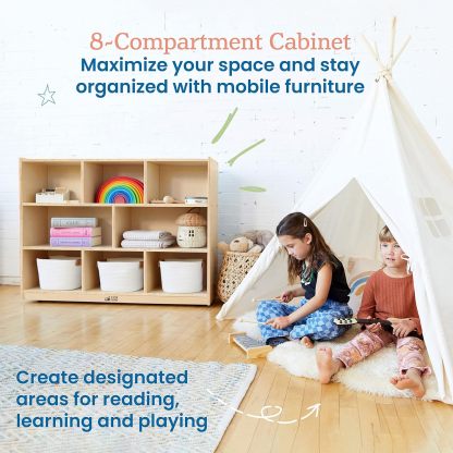 8-Compartment Mobile Storage Cabinet, 36in, Classroom Furniture, Natural