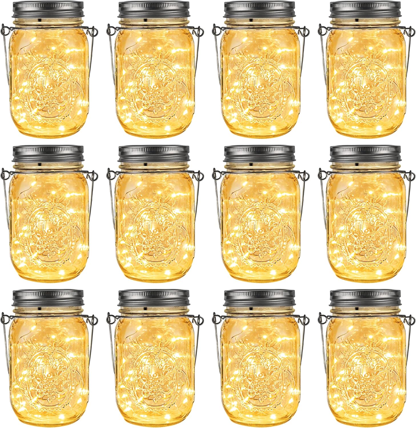 Solar Mason Jar Lights, 12 Pack 30 Led String Fairy Lights Garden Lights Outdoor Waterproof Metal Lid Hanging Solar Lanterns for Outdoor, Garden, Patio, Lawn, Balcony Decoration