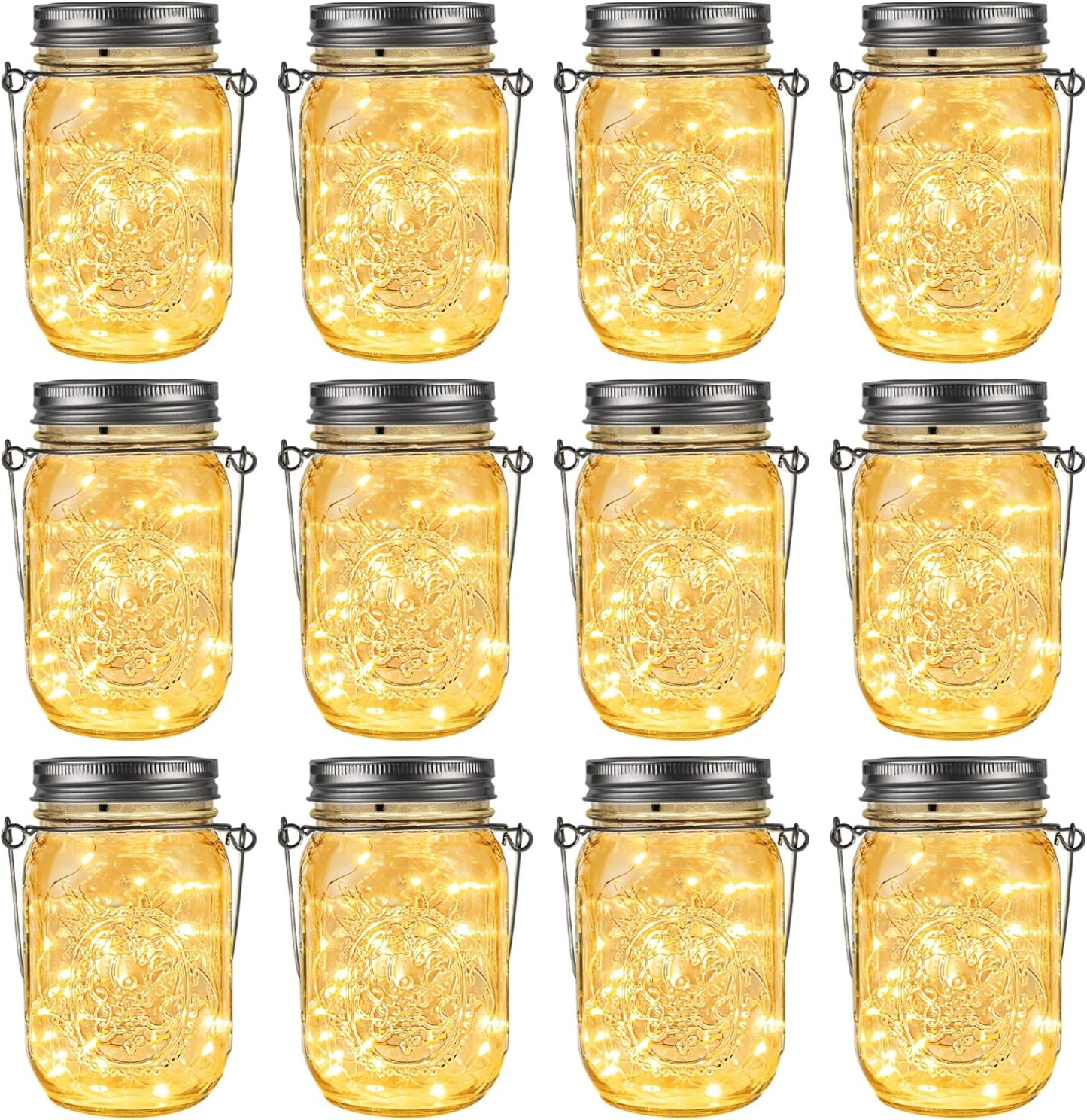 Solar Mason Jar Lights, 12 Pack 30 Led String Fairy Lights Garden Lights Outdoor Waterproof Metal Lid Hanging Solar Lanterns for Outdoor, Garden, Patio, Lawn, Balcony Decoration