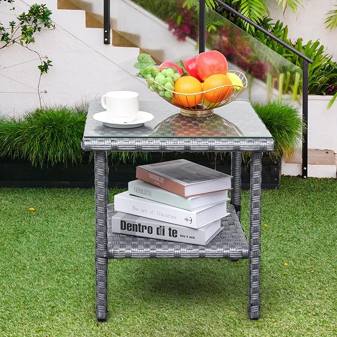Outdoor Wicker Glass Top Side Table - Patio Rattan Square End Table with Storage