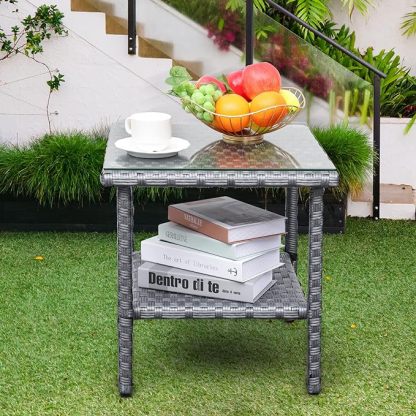 Outdoor Wicker Glass Top Side Table - Patio Rattan Square End Table with Storage