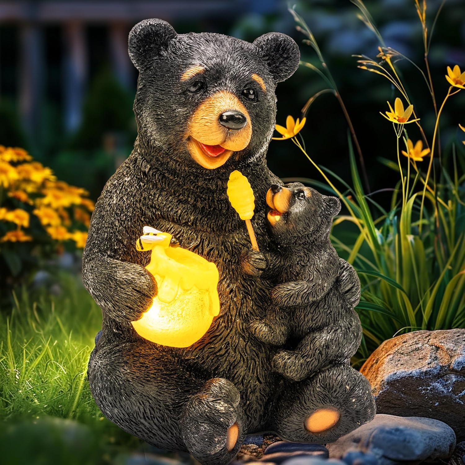 Solar Garden Statues Loving Bear Figurine Lights for Outside, Yard Decorations Outdoor, Garden Decor Unique Birthday Housewarming Gifts