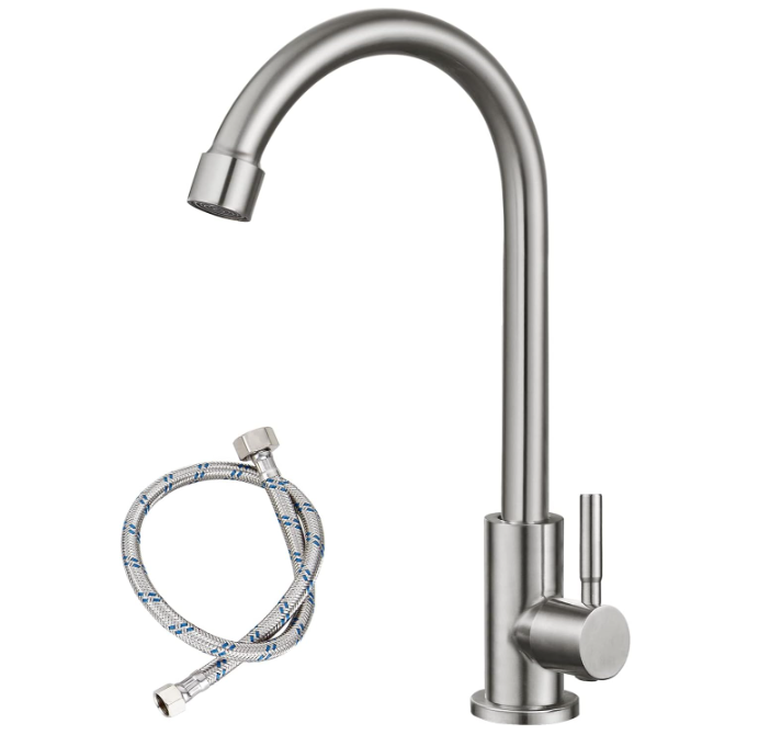 Brushed Nickel Kitchen Faucet Cold Water Only 1 Hole Single Handle 360 Degree Swivel Spout Deck Mount High Arc SUS304 Sink Bar Tap Goose Neck with Hose and Longer Thread Pipe
