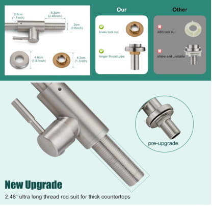 Brushed Nickel Kitchen Faucet Cold Water Only 1 Hole Single Handle 360 Degree Swivel Spout Deck Mount High Arc SUS304 Sink Bar Tap Goose Neck with Hose and Longer Thread Pipe