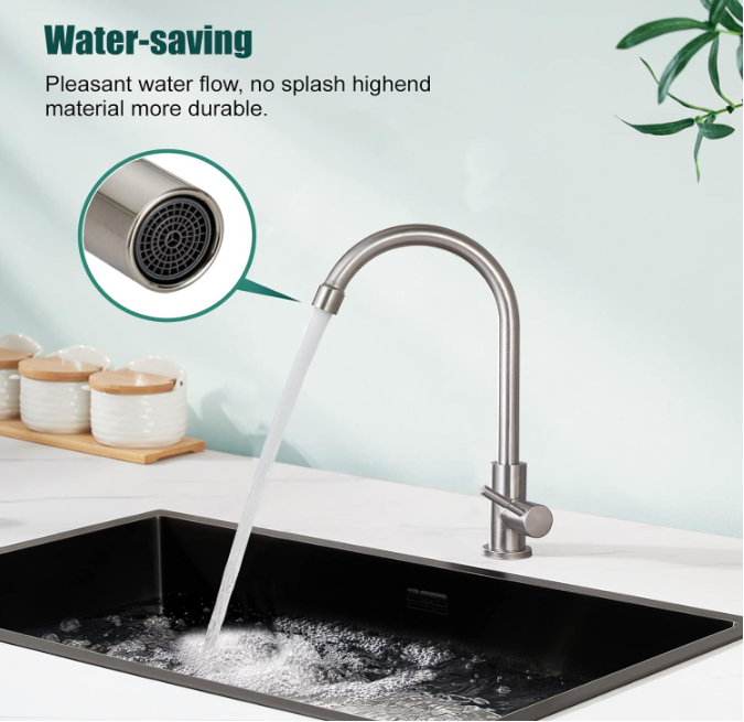 Brushed Nickel Kitchen Faucet Cold Water Only 1 Hole Single Handle 360 Degree Swivel Spout Deck Mount High Arc SUS304 Sink Bar Tap Goose Neck with Hose and Longer Thread Pipe