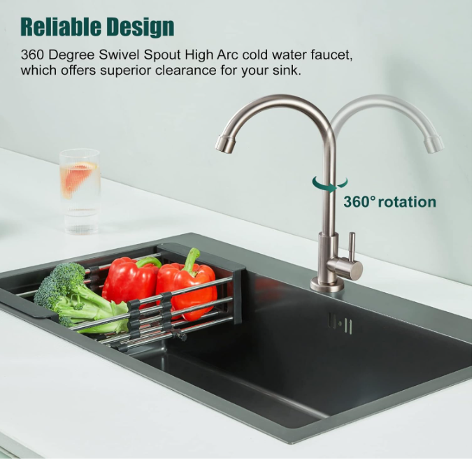 Brushed Nickel Kitchen Faucet Cold Water Only 1 Hole Single Handle 360 Degree Swivel Spout Deck Mount High Arc SUS304 Sink Bar Tap Goose Neck with Hose and Longer Thread Pipe
