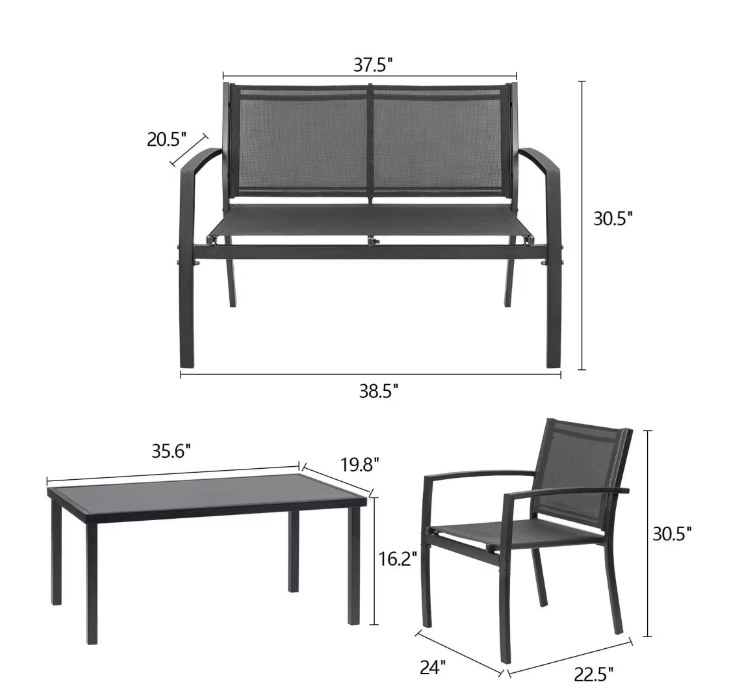Black 4-Piece Metal Outdoor Bistro Set Patio Conversation Set Glass Coffee Table