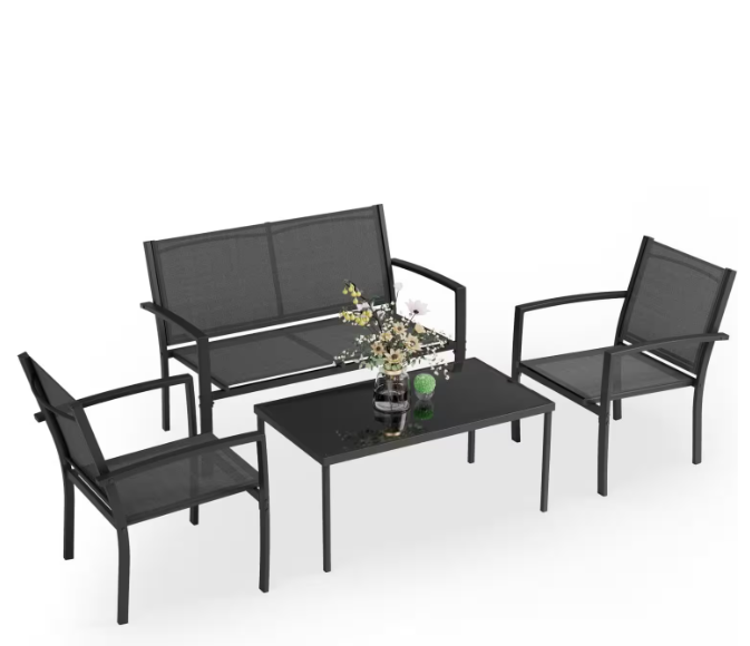 Black 4-Piece Metal Outdoor Bistro Set Patio Conversation Set Glass Coffee Table